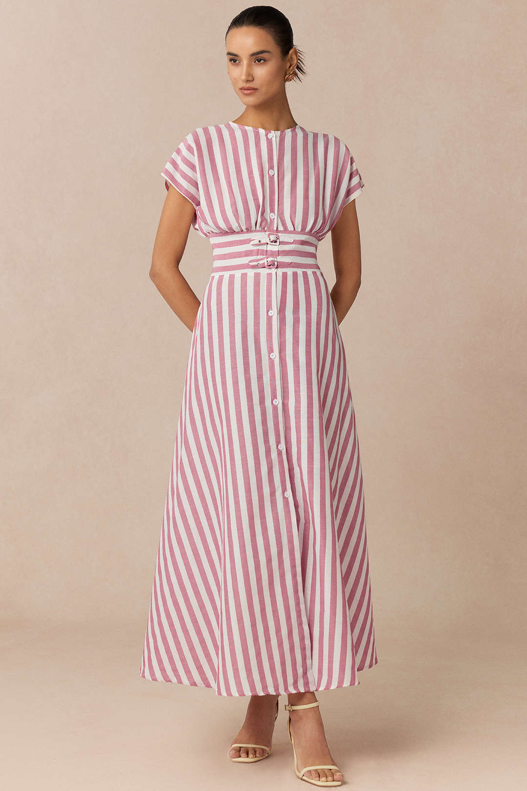 Stripes Print Round Neck Button Flutter Sleeve Dress