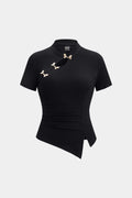 Metallic Buckle Cut Out Asymmetrical Short Sleeve T-Shirt