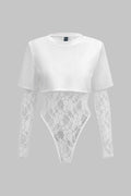 Lace Patchwork Round Neck Long Sleeve Bodysuit