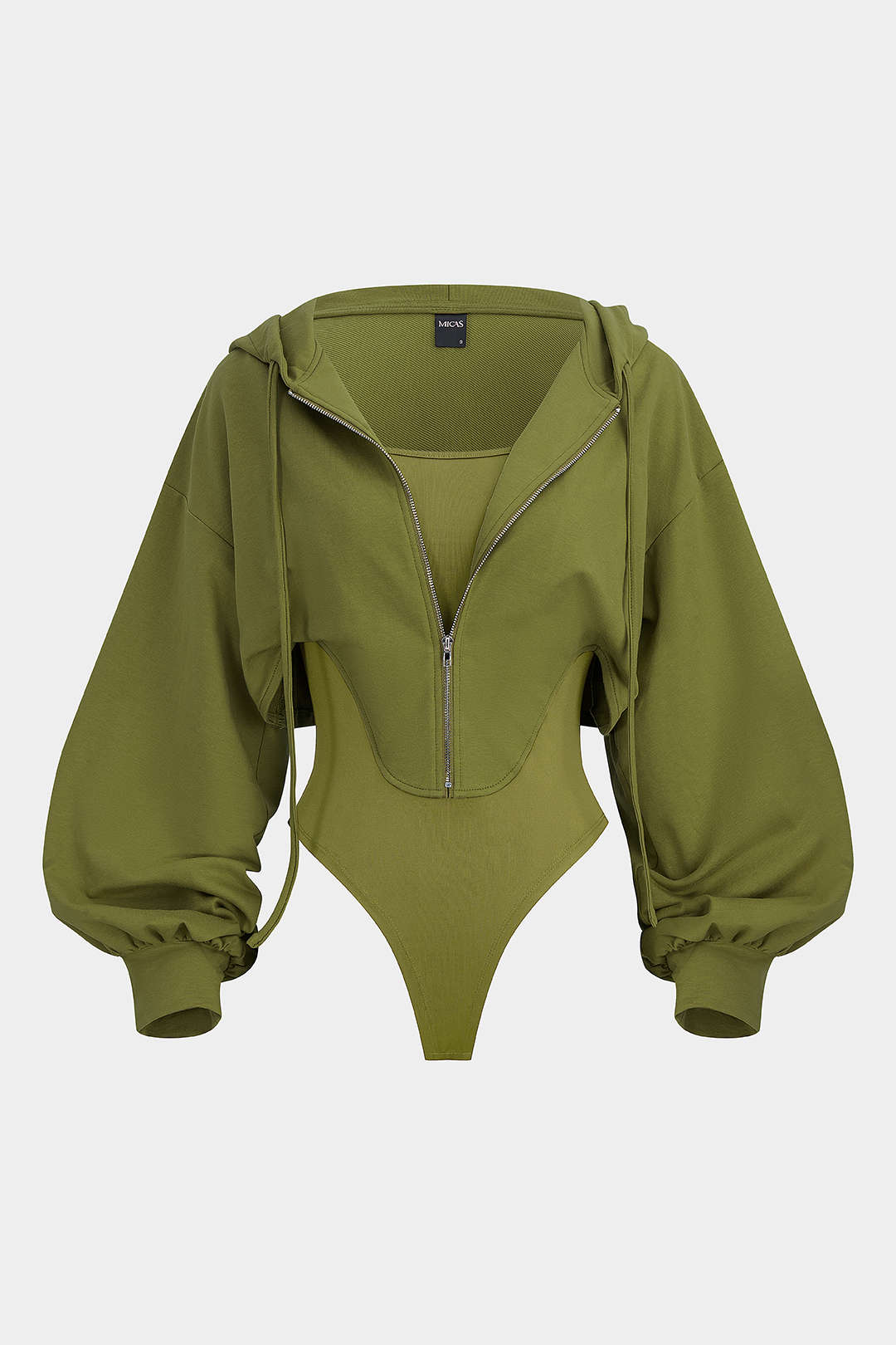 Contrast Hooded Zipper Drawstrings Long-Sleeve Bodysuit