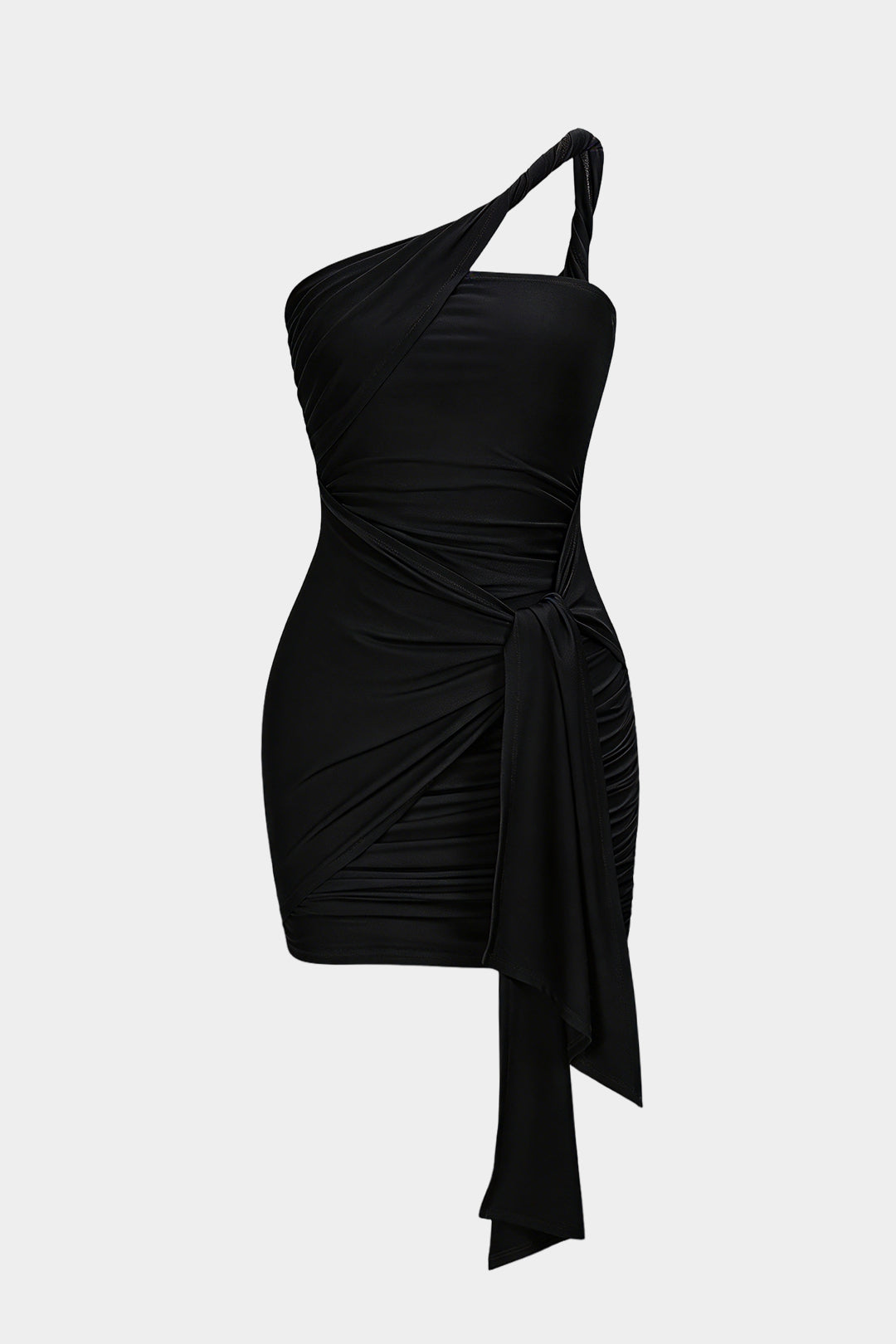 One Shoulder Twist Knot Asymmetrical Tie-Up Ruched Sleeveless Mini Dress