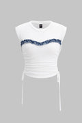 Patchwork Round Neck Tie-Up Short Sleeve T-Shirt