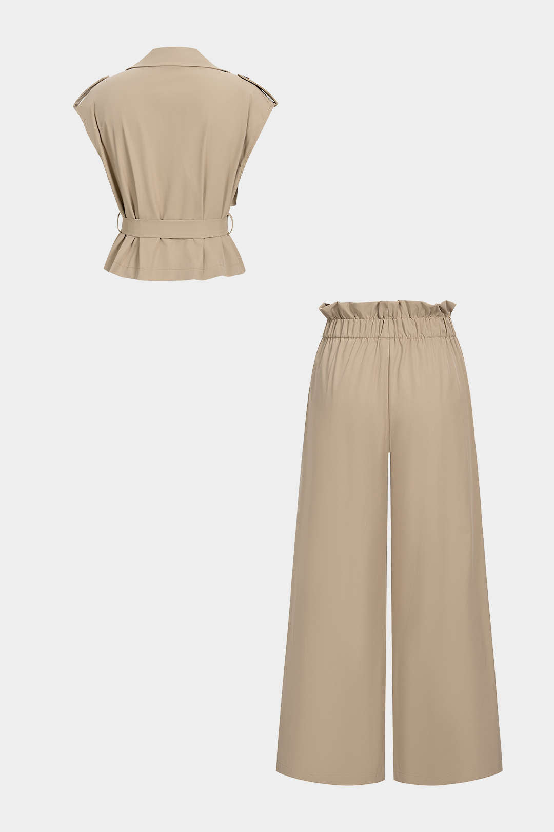 Lapel Belted Button Belted Tank Top And Straight Leg Pants Set