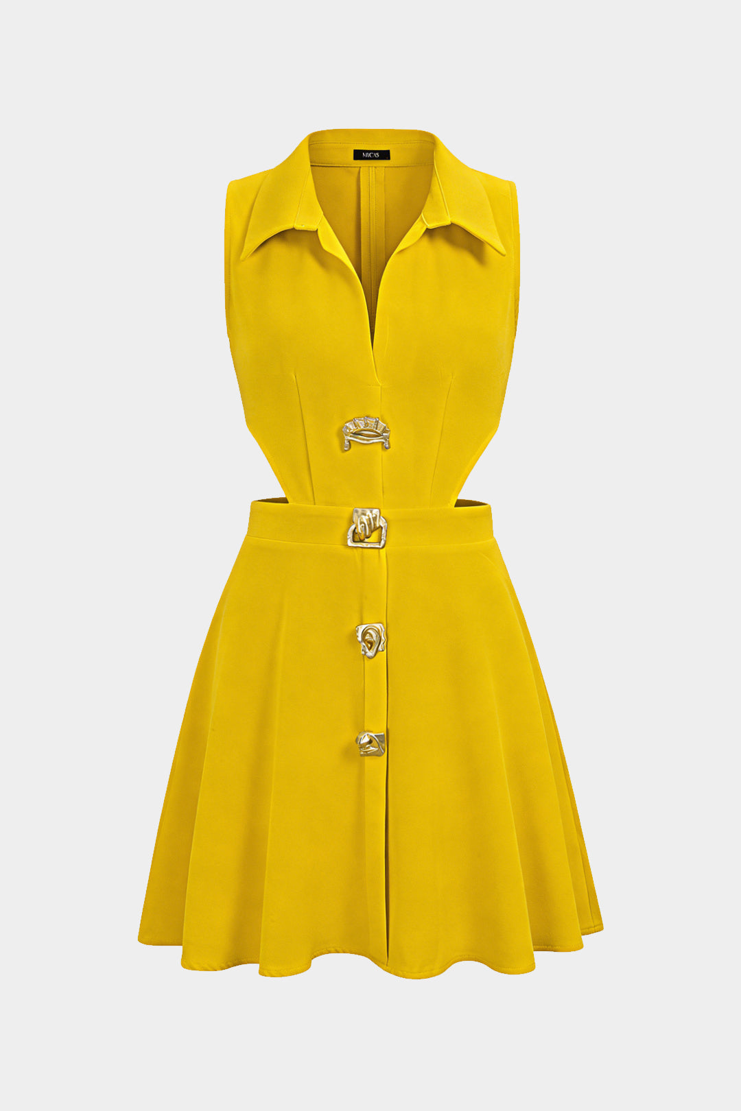 Lapel Metallic Irregular Button Cut Out Sleeveless Mini Dress