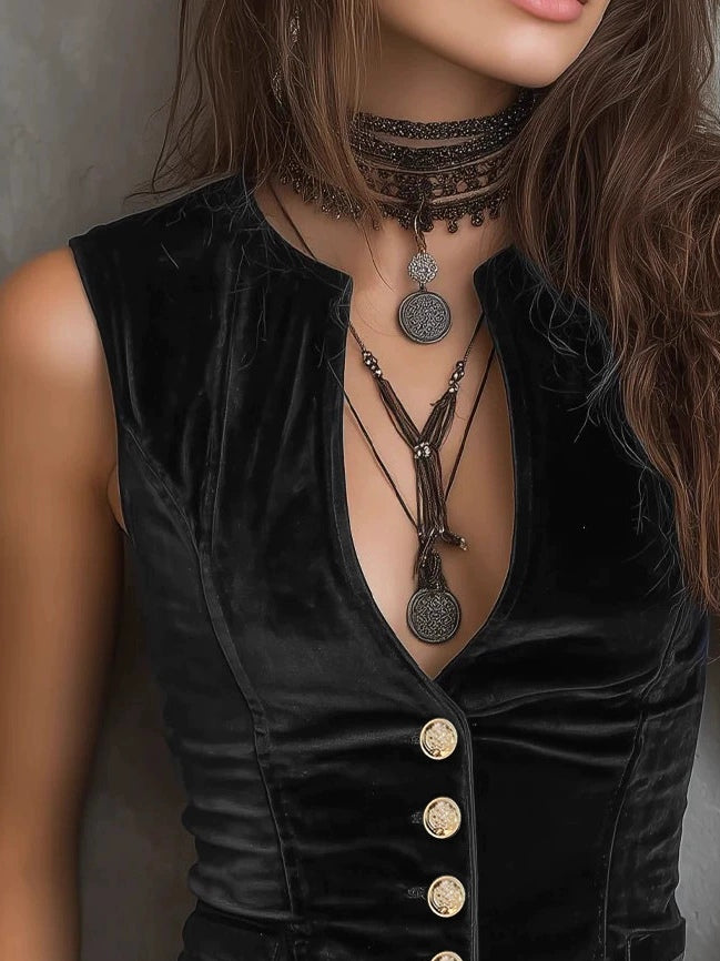 Vintage Round V-Neck Velvet Vest