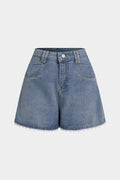 Denim Patchwork Lace Trim High Waist Wide Leg Shorts