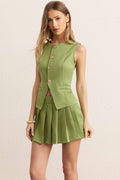 Metallic Button Round Neck Vest And And Pleated Skirt Set