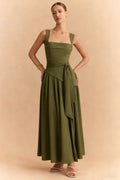 Asymmetrical Ruched Sleeveless Midi Dress With Scarf