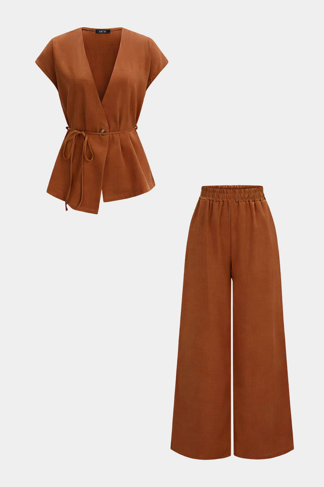 V-Neck Tie-Up Top And Shirred Waistband Wide Leg Pants Set