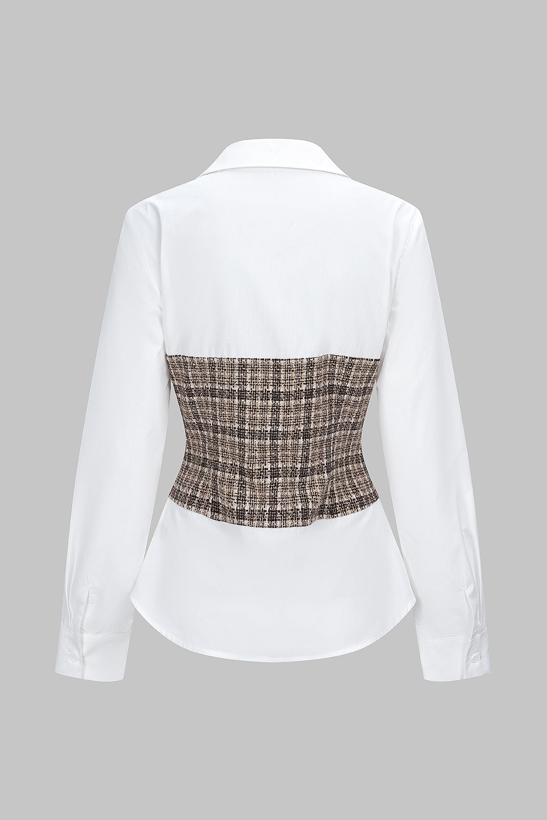 Tweed Plaid Print Patchwork Button Long-Sleeve Top