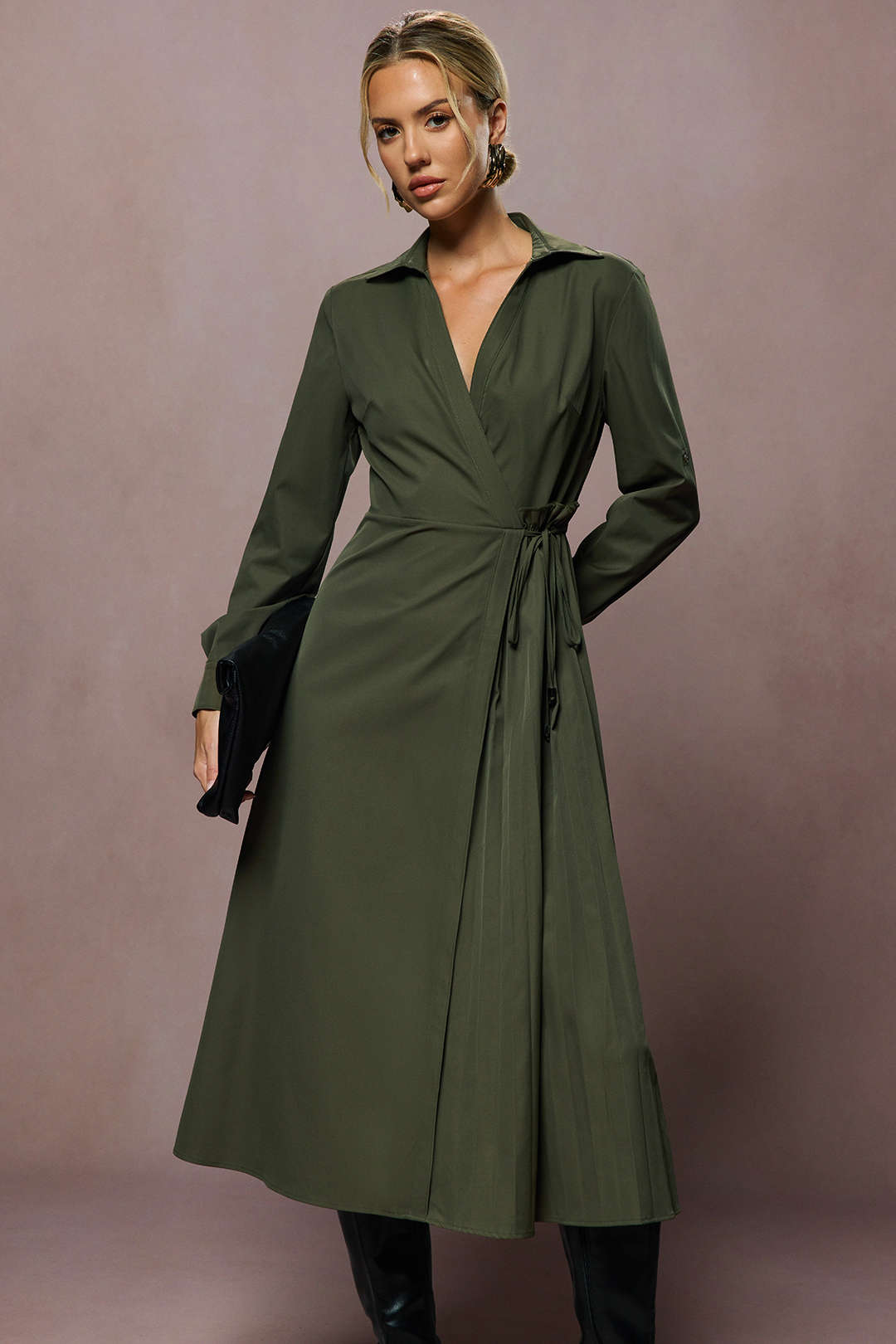 Tie-Up V-Neck Long Sleeve Midi Dress