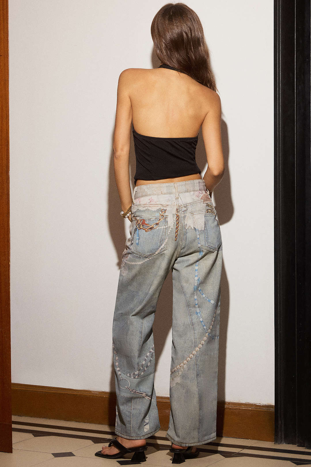 Denim Abstract Print Wide Leg Pants