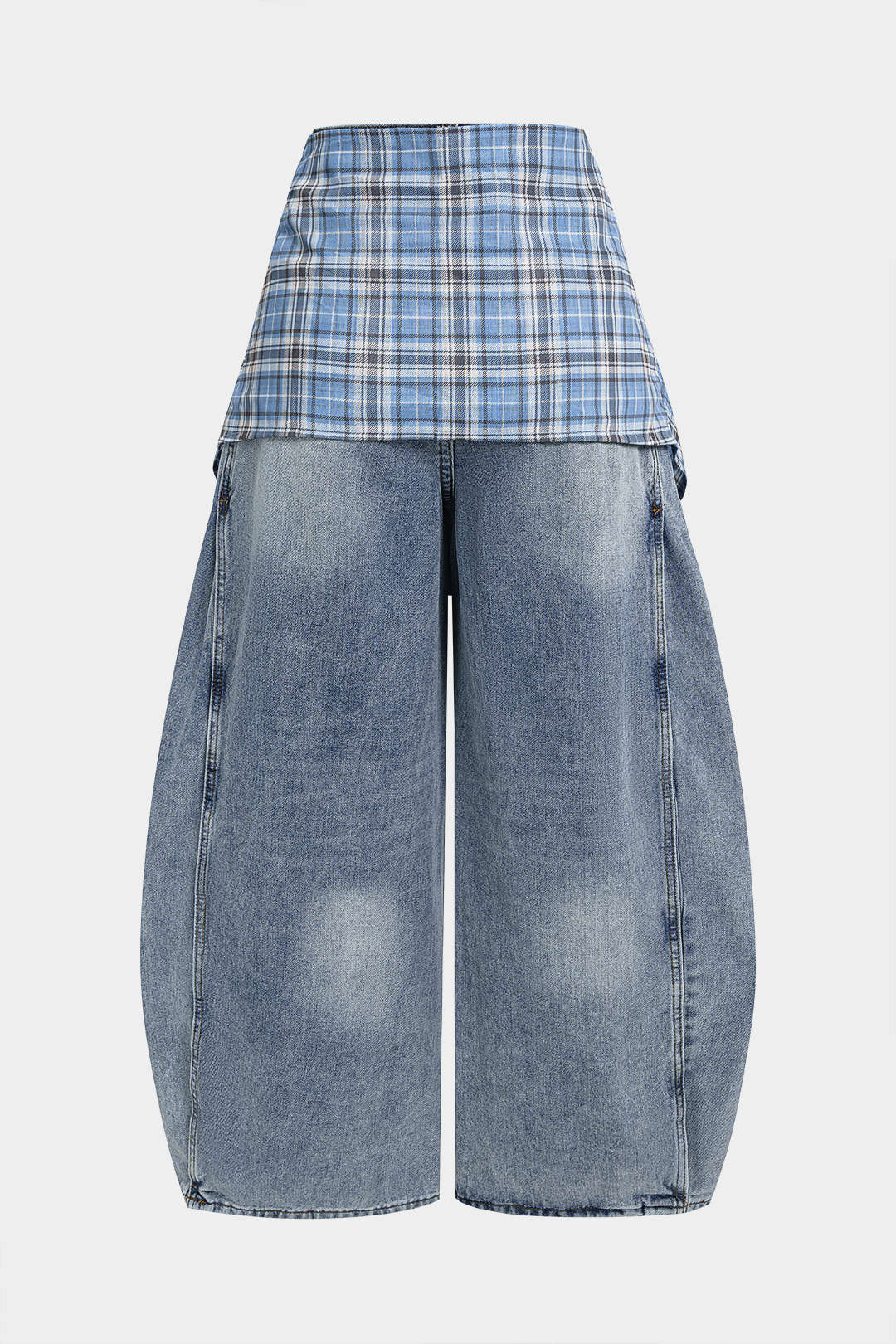 Denim Plaid Print Tie-Up Pocket High Waist Jeans