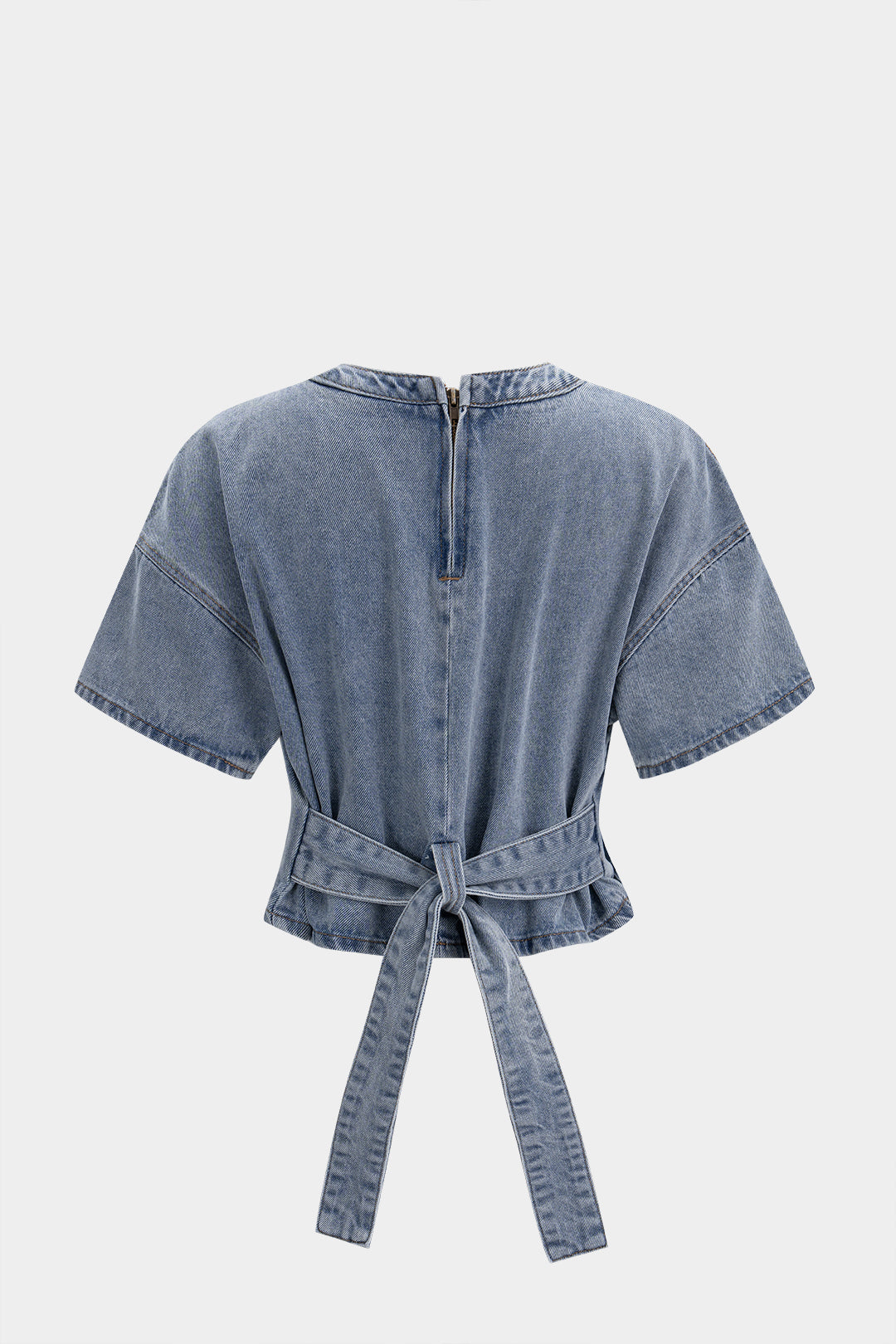 Denim Round Neck Tie Back Zipper Short Sleeve T-Shirt
