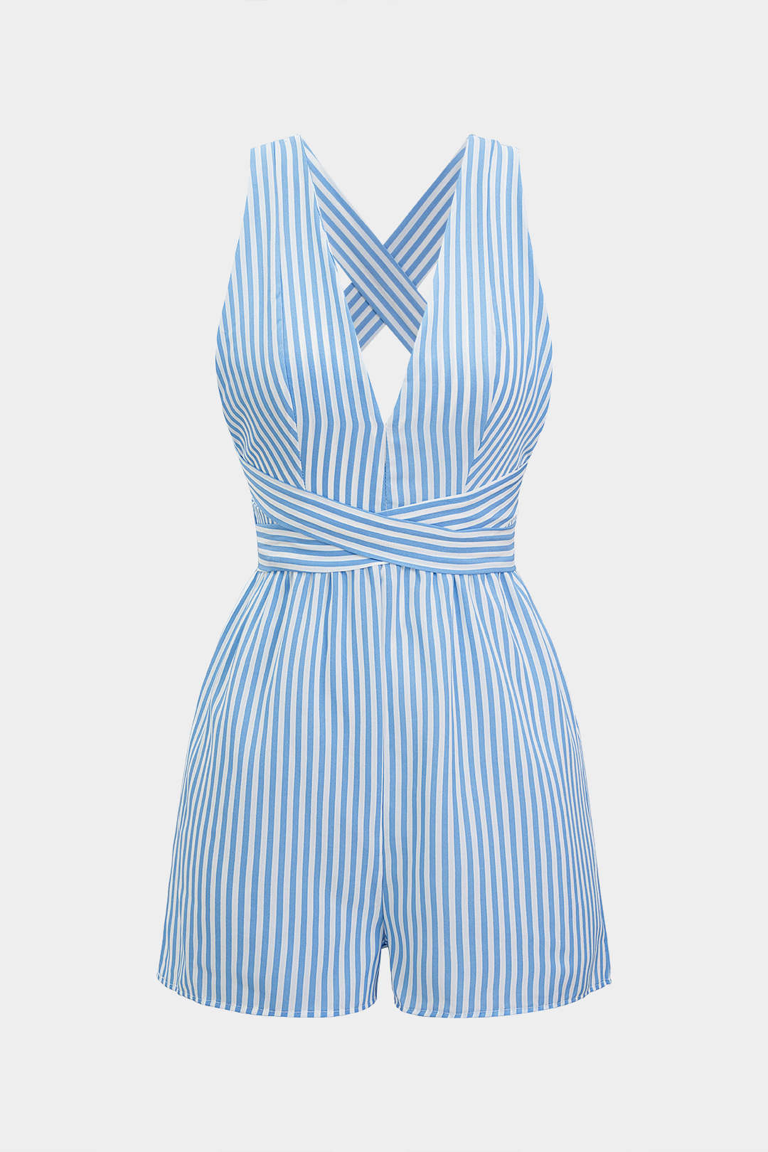 Stripes Print V-Neck Crossed Backless Sleeveless Romper