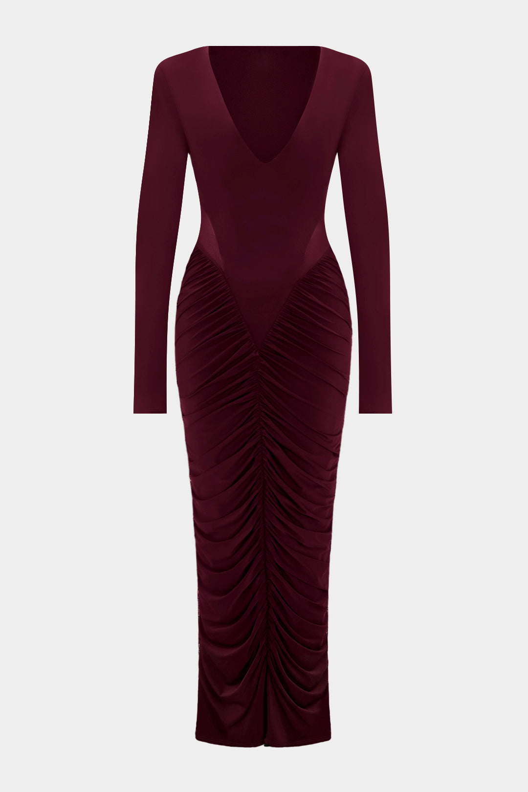 Patchwork Mesh Ruched V-Neck Long Sleeve Maxi Dress