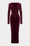 Patchwork Mesh Ruched V-Neck Long Sleeve Maxi Dress