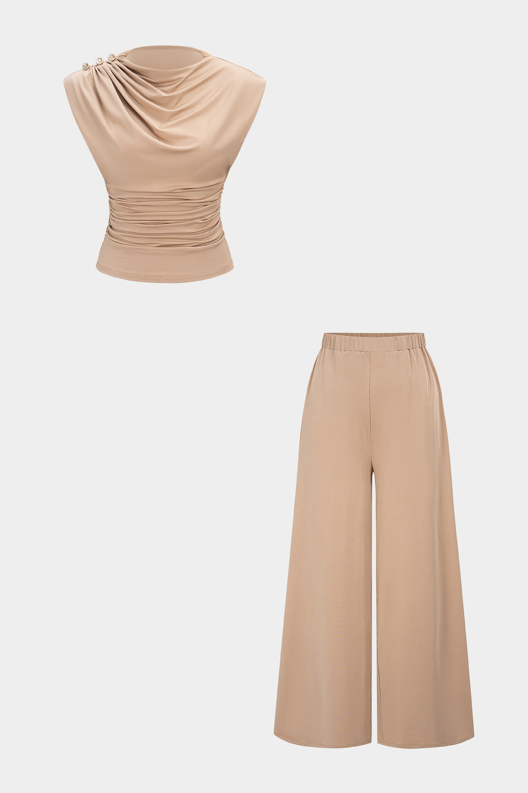 Solid Ruched Tank Top And Wide Leg Pants Set