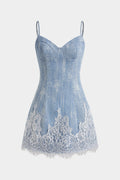 Denim Patchwork Lace Trim Zipper Sleeveless Mini Dress