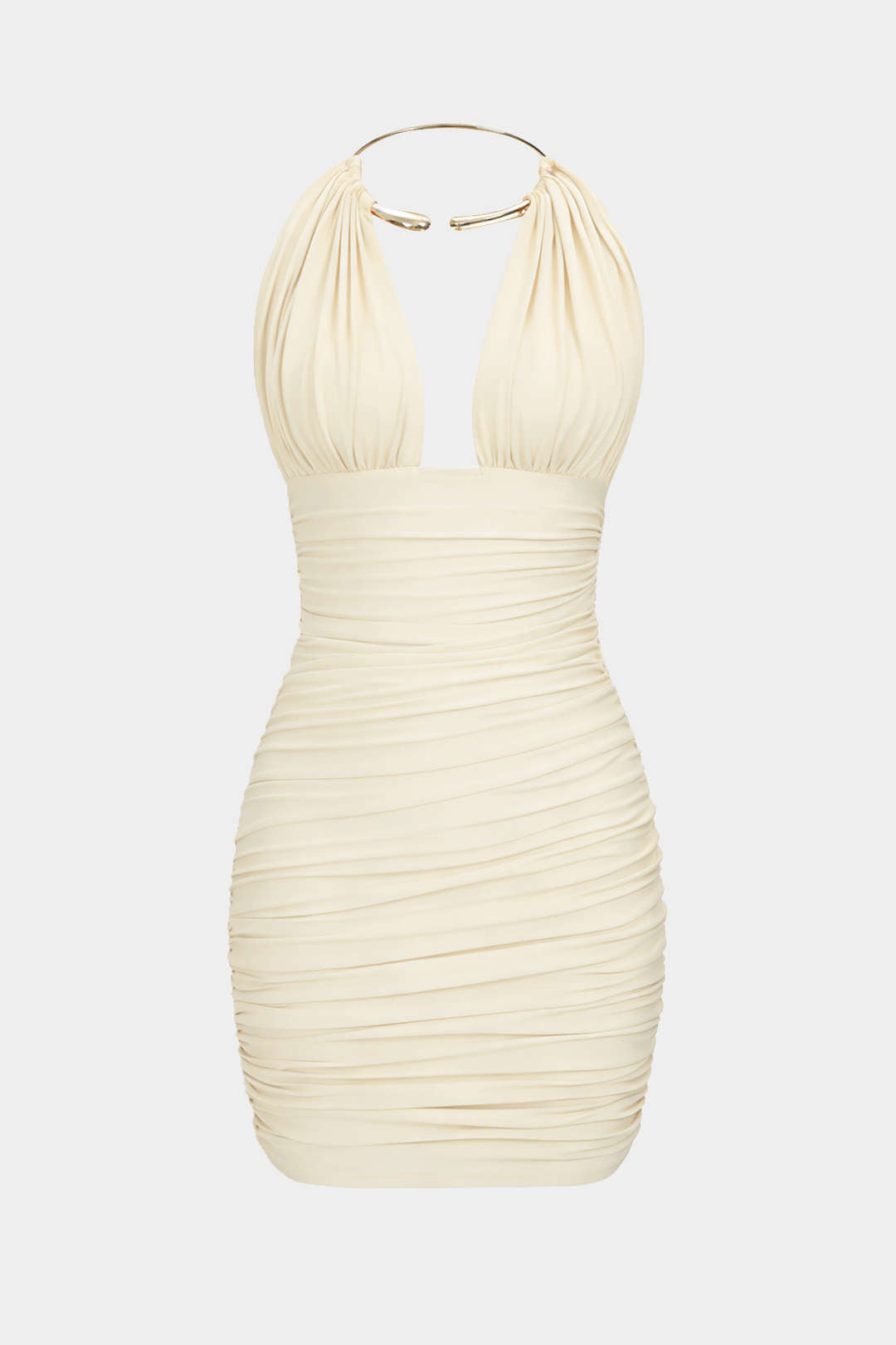 Metallic Halter Backless Ruched Sleeveless Mini Dress