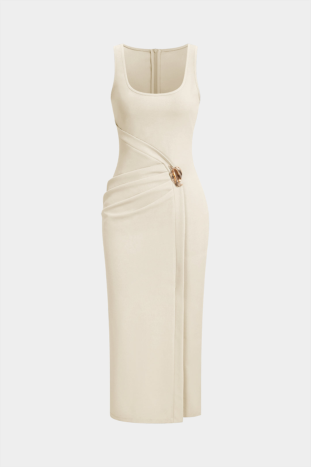 U-Neck Metallic Asymmetrical Ruched Zipper Sleeveless Midi Dress
