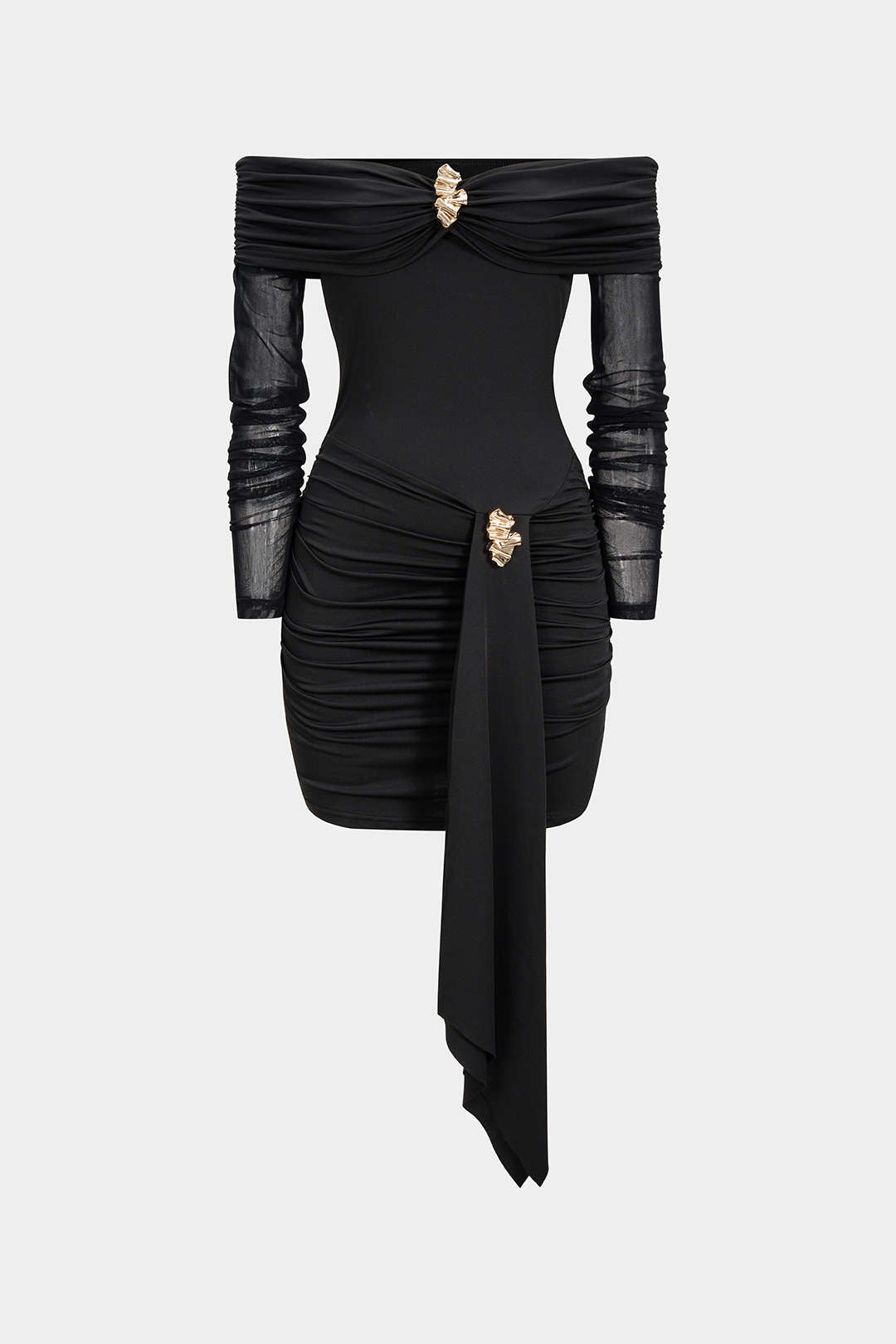 Off Shoulder Sheer Metallic Decor Ruched Long Sleeve Mini Dress