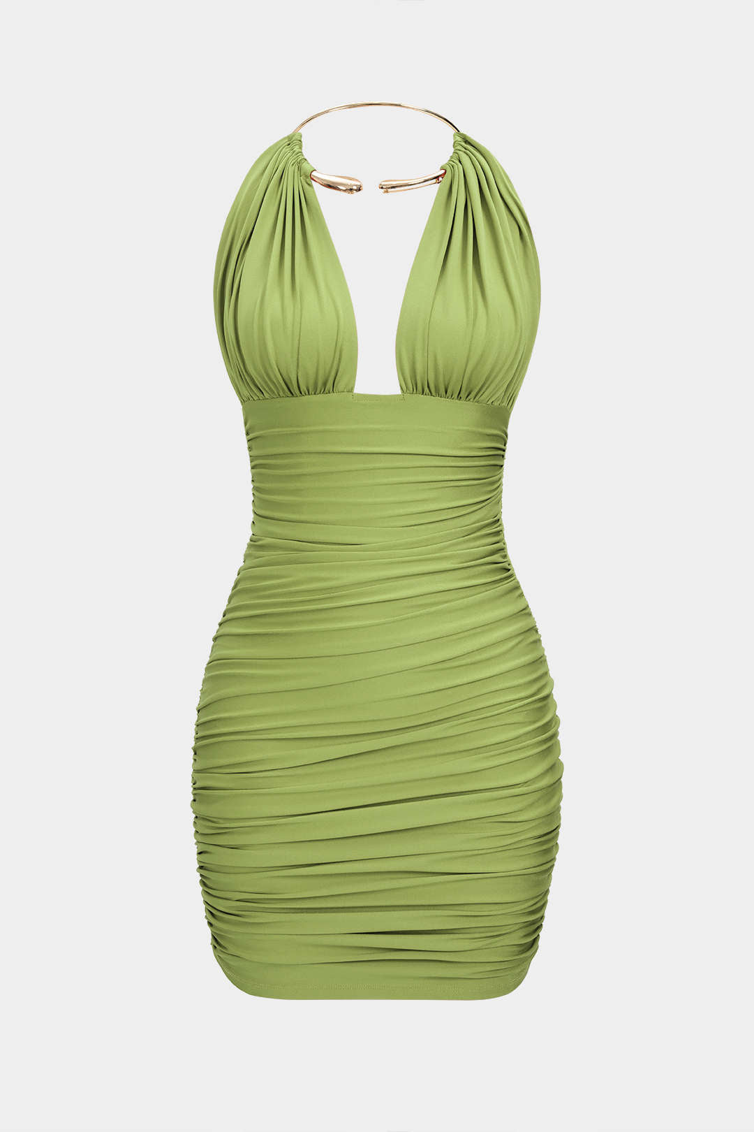 Metallic Halter Backless Ruched Sleeveless Mini Dress