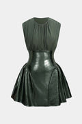 Faux Leather Patchwork Ruched Sleeveless Mini Dress