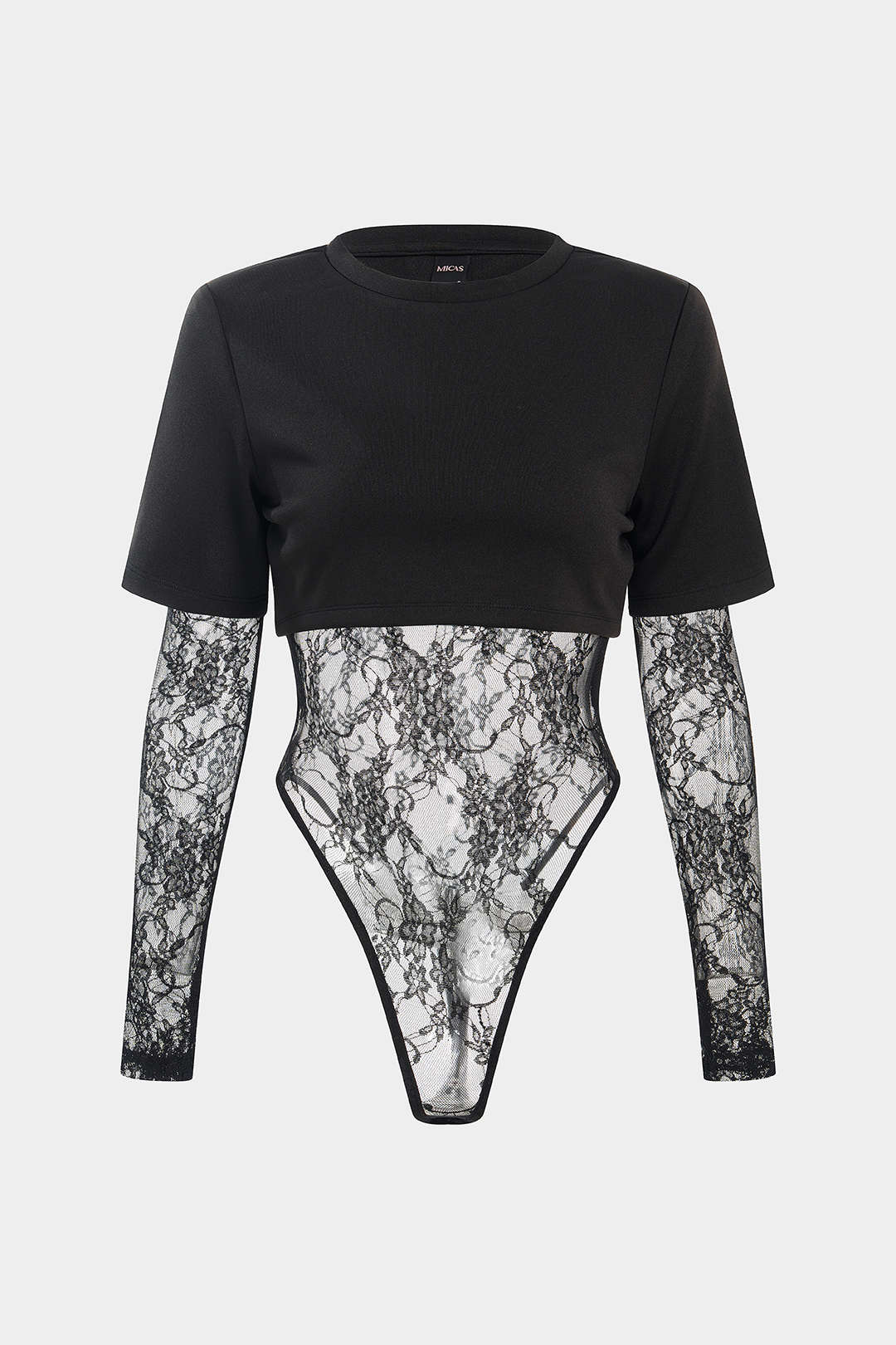 Lace Patchwork Round Neck Long Sleeve Bodysuit