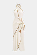 Contrast Binding Crossed Halter Asymmetrical Tie-Up Backless Sleeveless Midi Dress