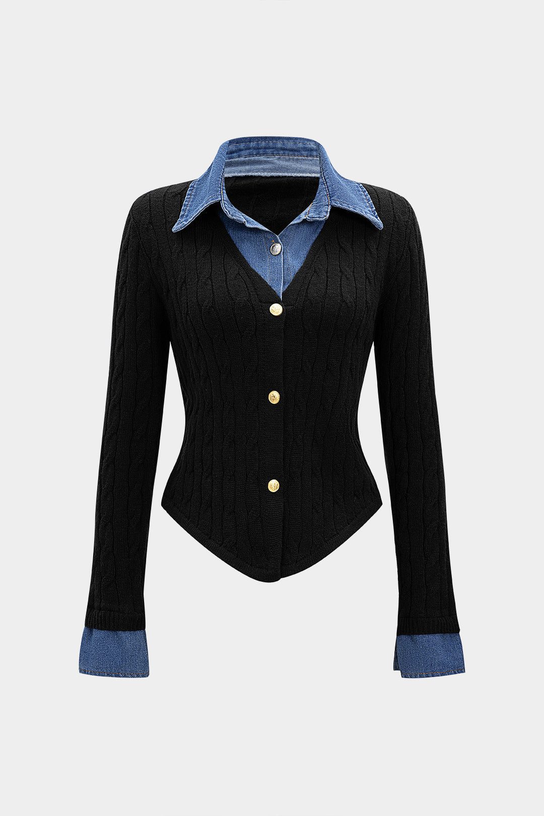 Cable Knit Patchwork Button Long-Sleeve Top