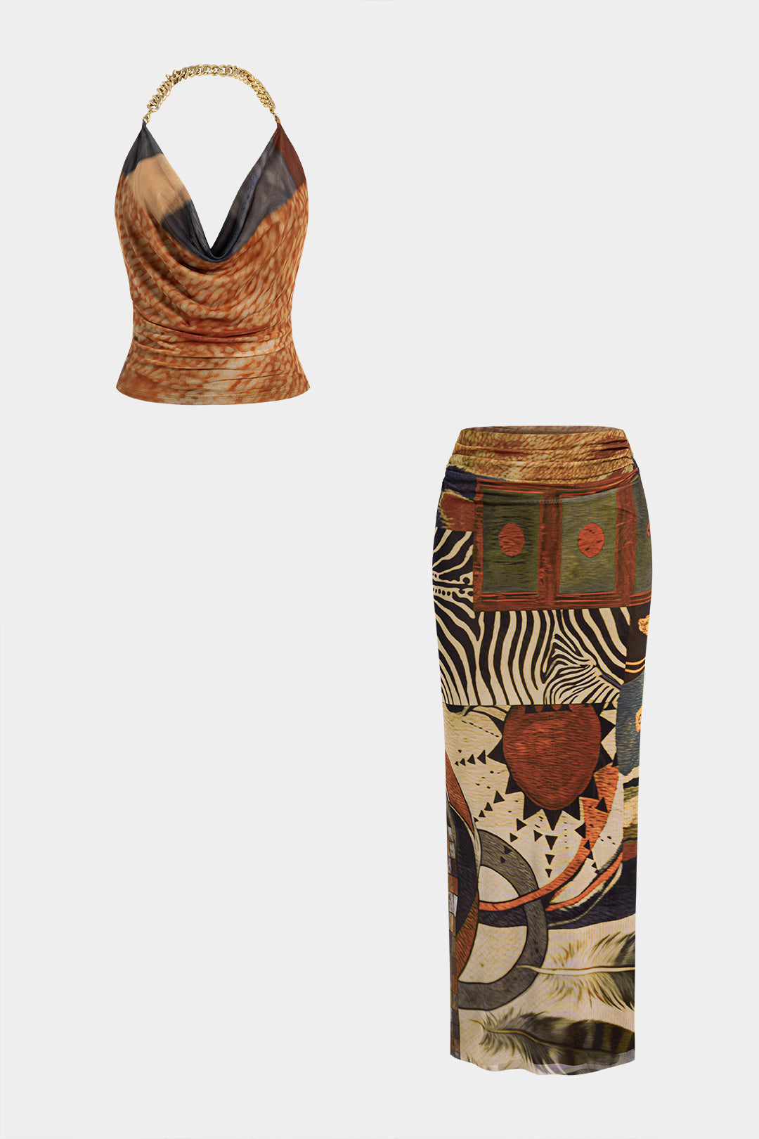 Geometric Print Mesh Metallic Chain Halter Draped Cowl Neck Top And High Waist Skirt Set