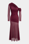 Mesh Patchwork Ruched Long Sleeve Maxi Dress