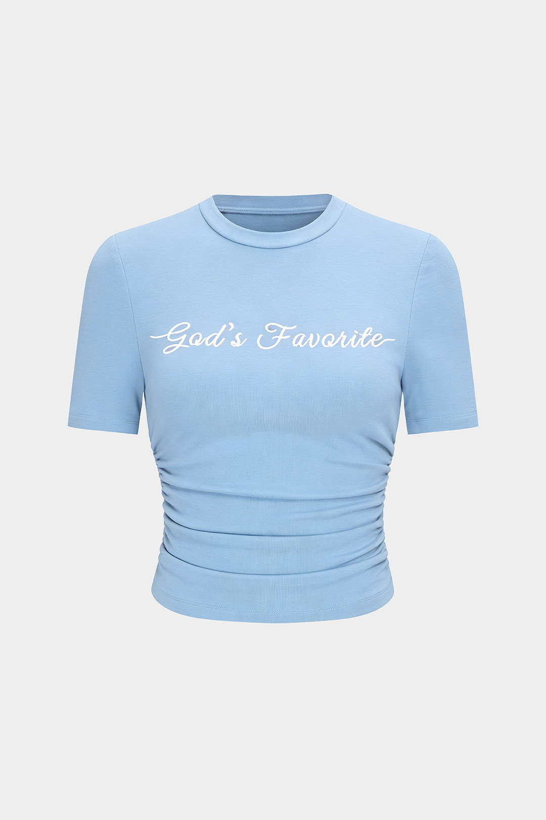 Letter Embroidery Round Neck Ruched Short Sleeve T-Shirt
