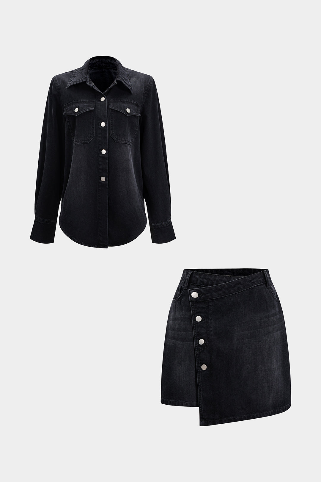 Denim Button Long-Sleeve Top And High Waist Mini Skirt Set