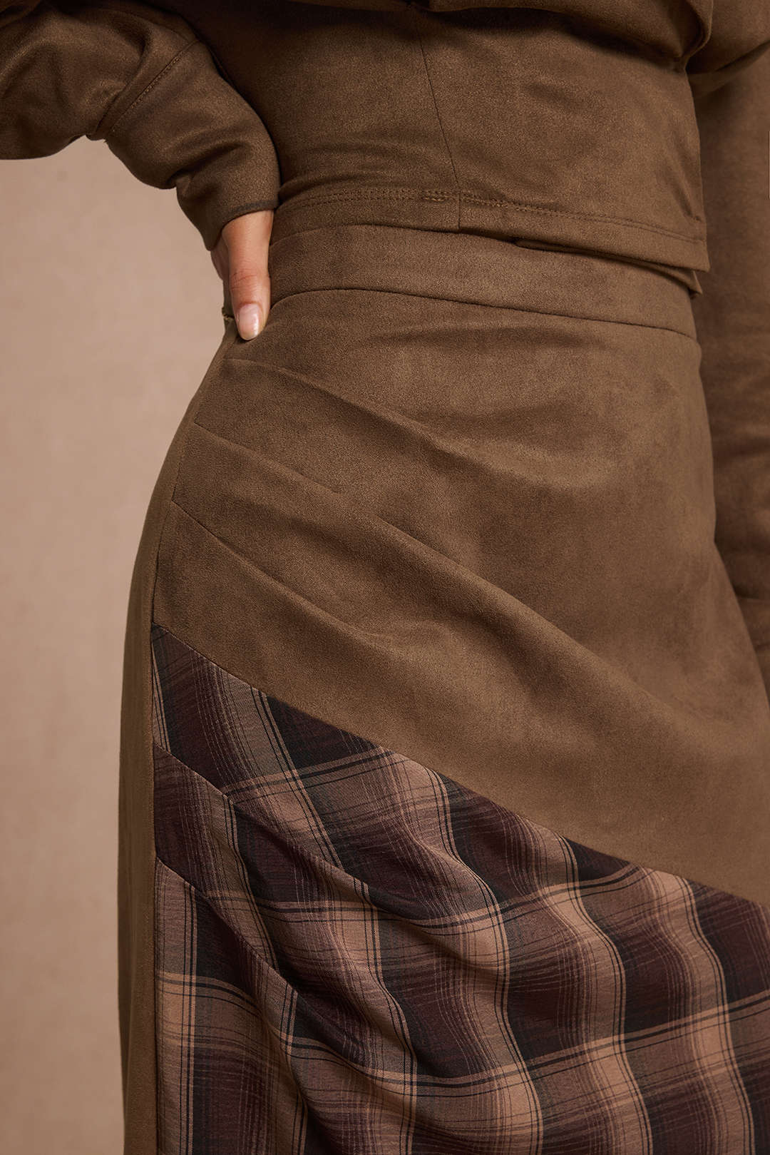 Suede Patchwork Plaid Print High Waist Skirt