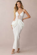 Sheer Lace Patchwork V-Neck Ruched Sleeveless Maxi Dress