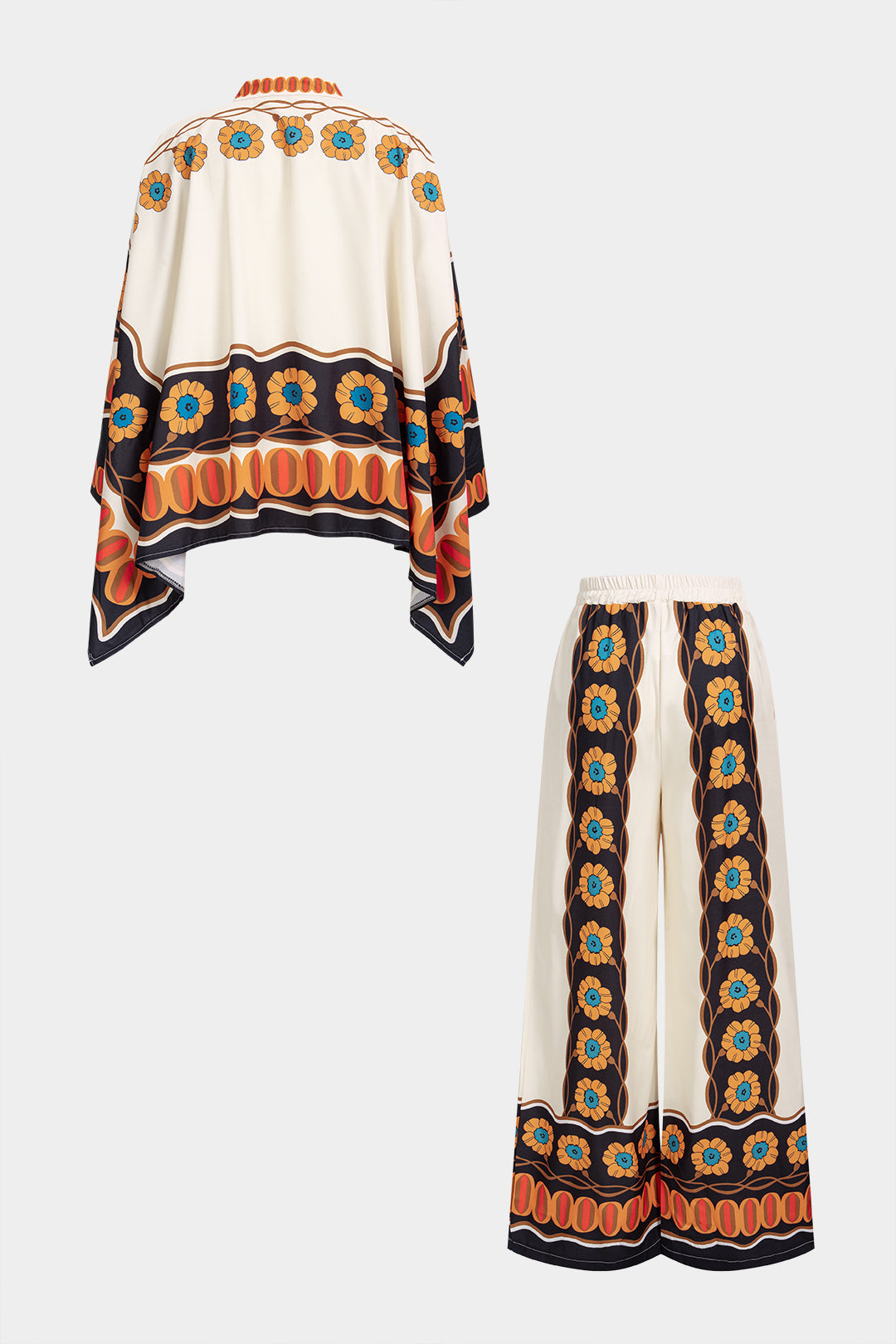Tropical Print Button Long Sleeve Shirt And Wide Leg Pants Set
