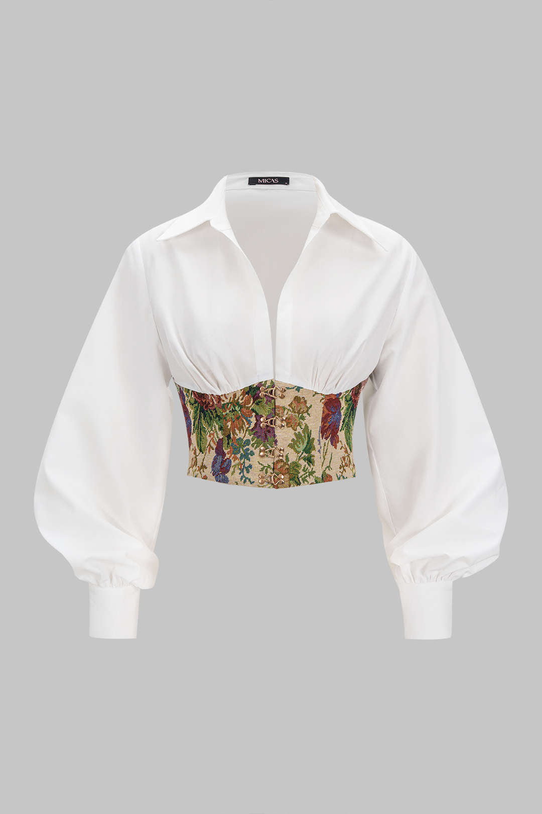Floral Print Jacquard Ruched Balloon Sleeve Top