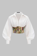 Floral Print Jacquard Ruched Balloon Sleeve Top