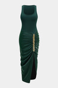 Metallic Chain Ruched Sleeveless Midi Dress