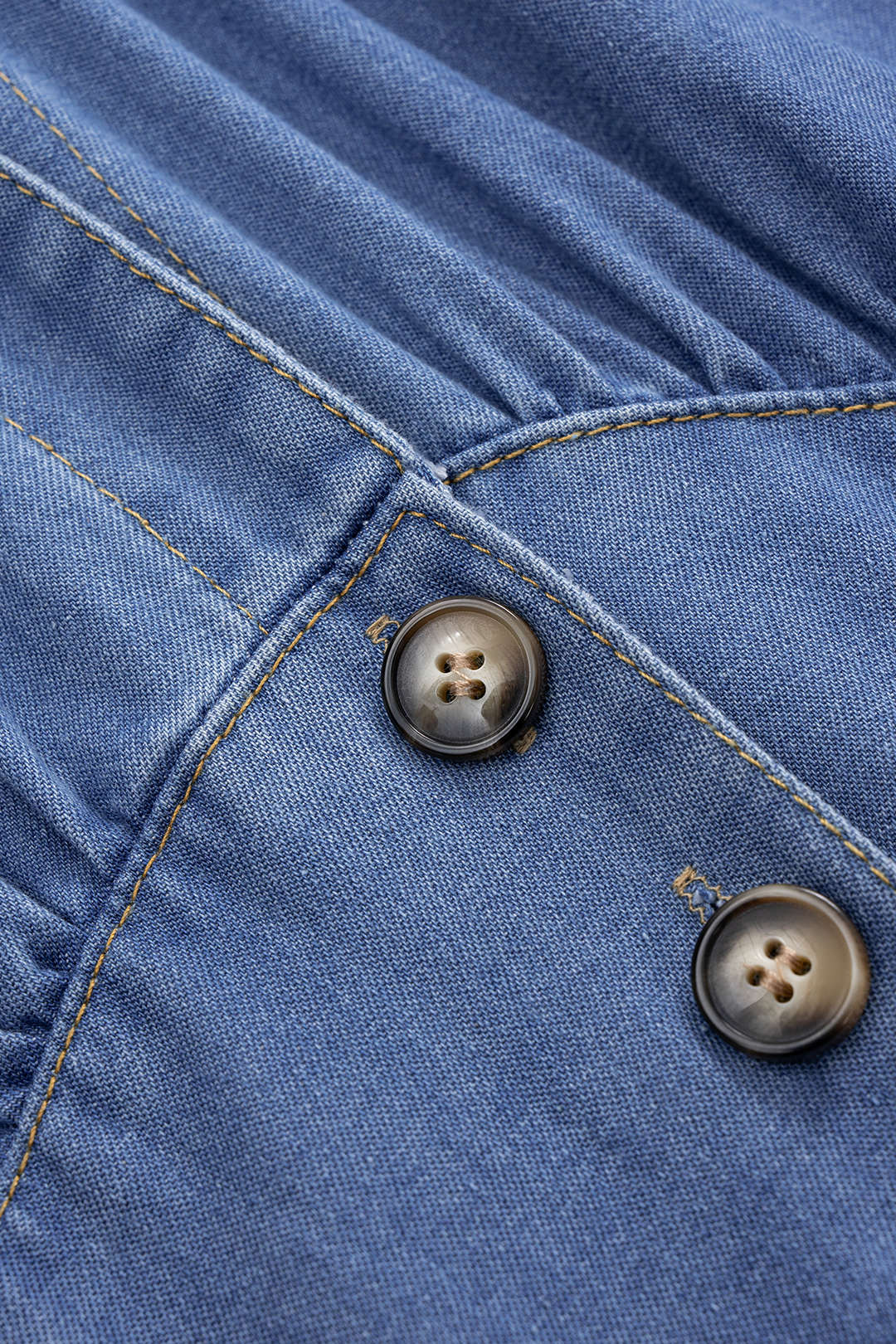 Denim V-Neck Ruched Button Tie-Up Short Sleeve Dress