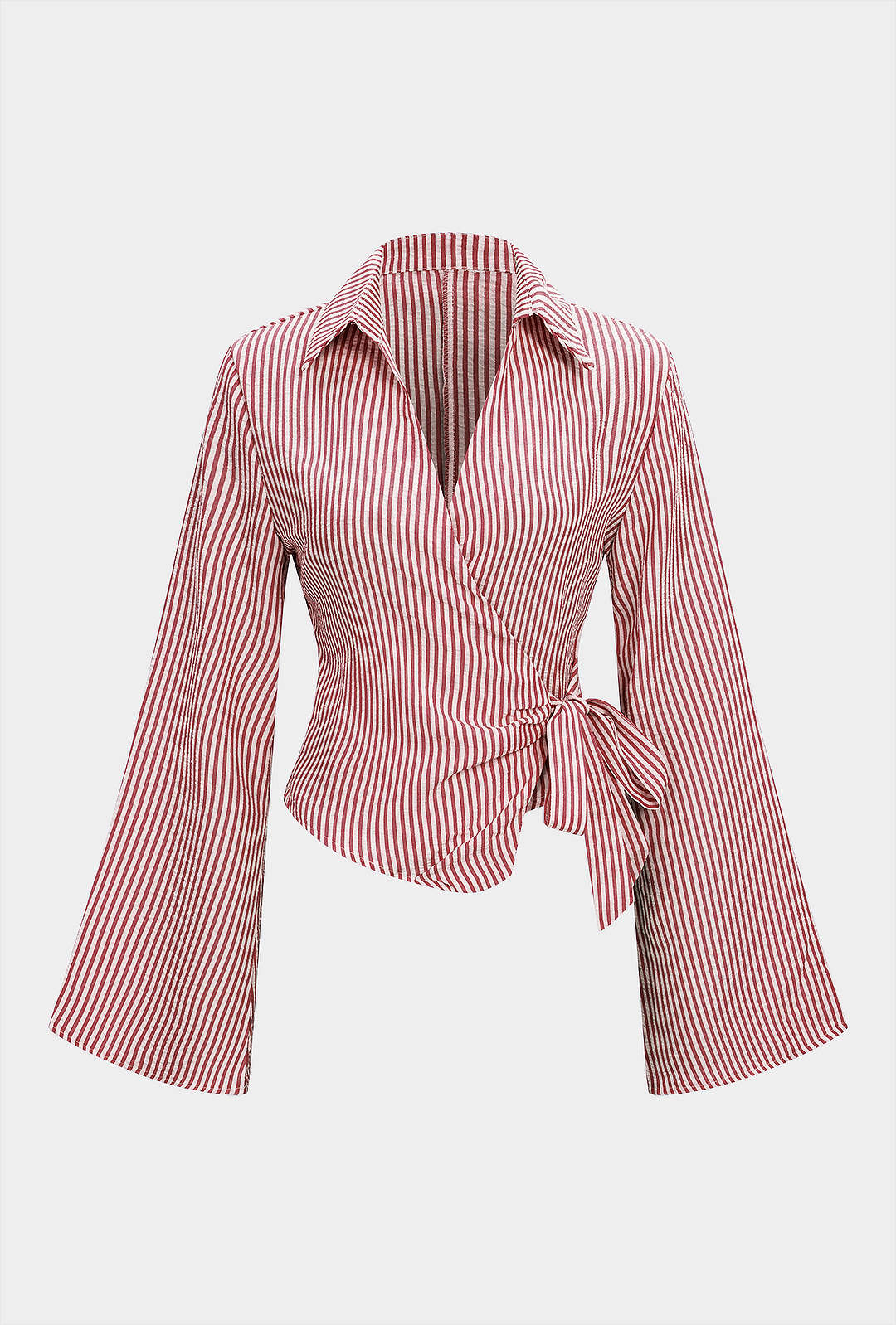 Stripes Print V-Neck Tie-Up Long-Sleeve Shirt