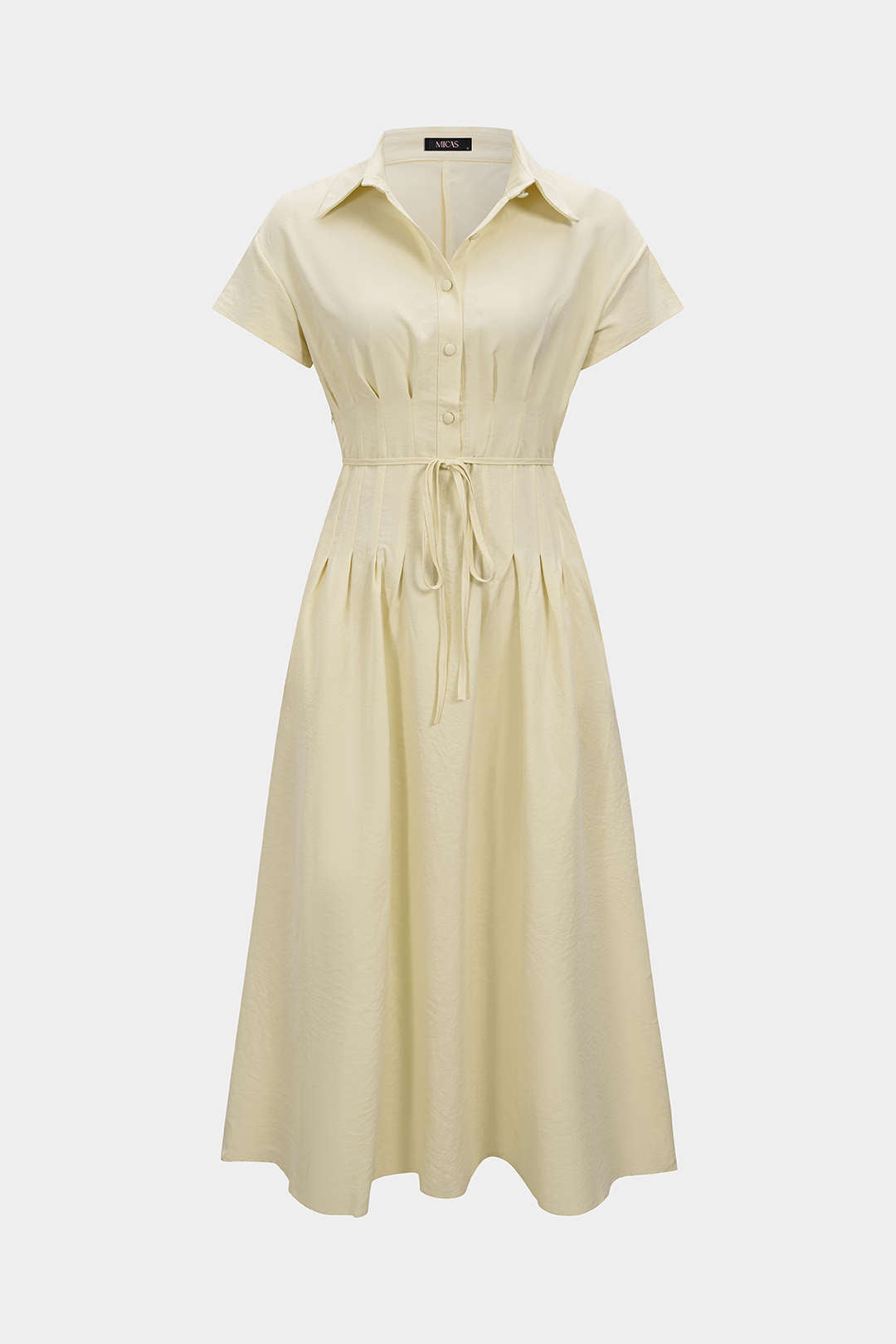 Lapel Tie-Up Button Short Sleeve Midi Dress