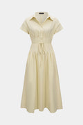 Lapel Tie-Up Button Short Sleeve Midi Dress