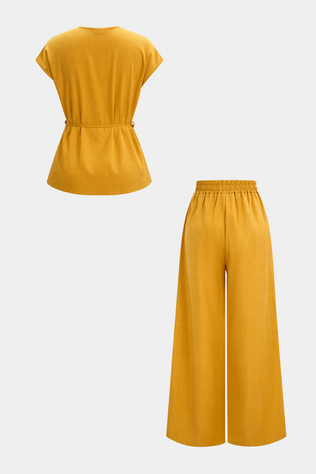V-Neck Tie-Up Top And Shirred Waistband Wide Leg Pants Set