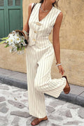 Stripes Print V-Neck Button Vest And Straight Leg Pants Set