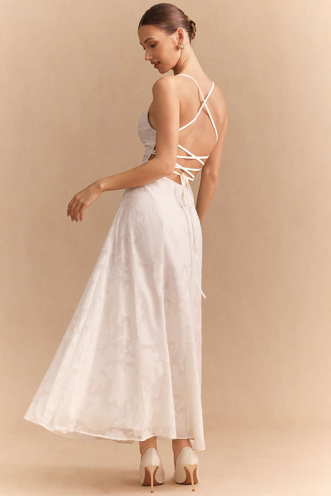 Jacquard Crossed Tie-Up Backless Sleeveless Maxi Dress