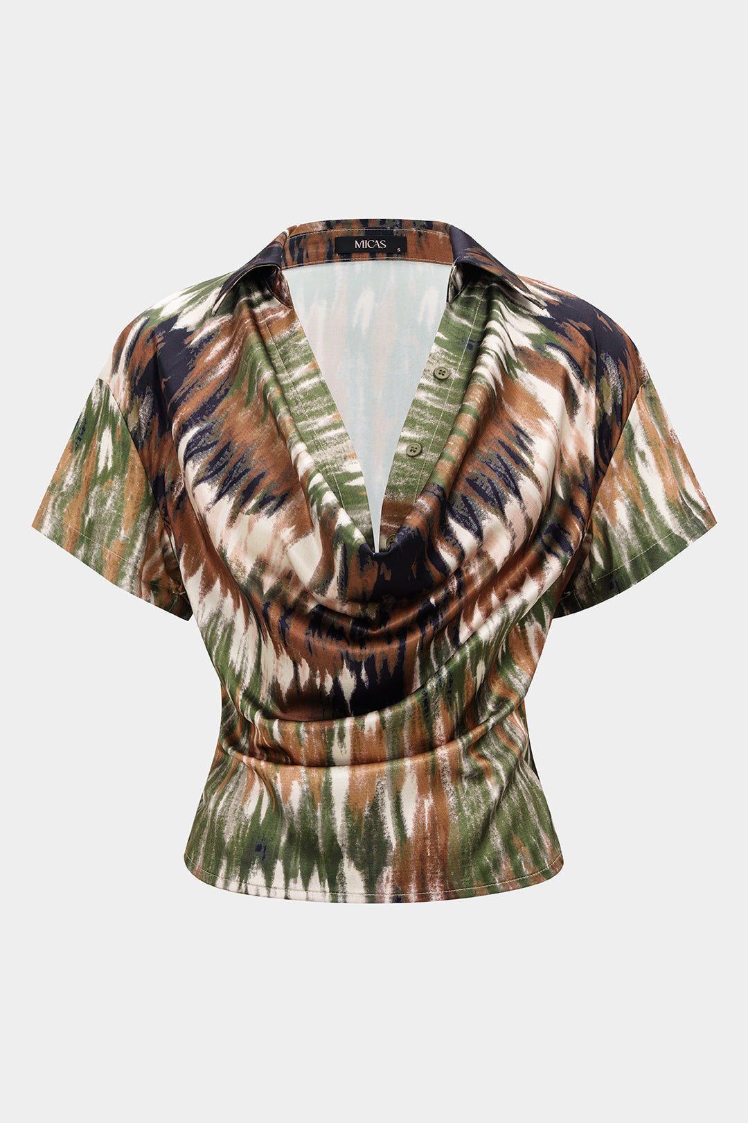 Ombre Print Satin Draped Cowl Neck Short Sleeve Top