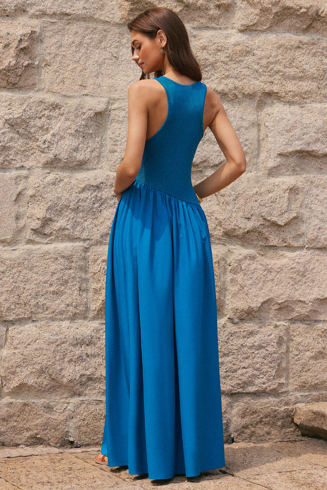 Patchwork Round Neck Twist Knot Sleeveless Maxi Dress